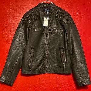 Polo Ralph Lauren Black Brown Distressed Leather Moto Biker Jacket M